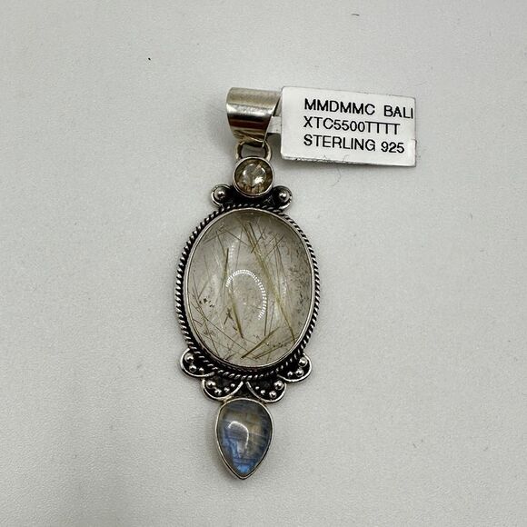 NWT Rutilated Quartz and Moonstone in solid sterling Bali silver pendant! - Picture 7 of 15